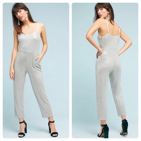 Anthropologie Ett:twa Claudette Jumpsuit Romper Sequin Crop Gray 14 - Picture 14 of 14